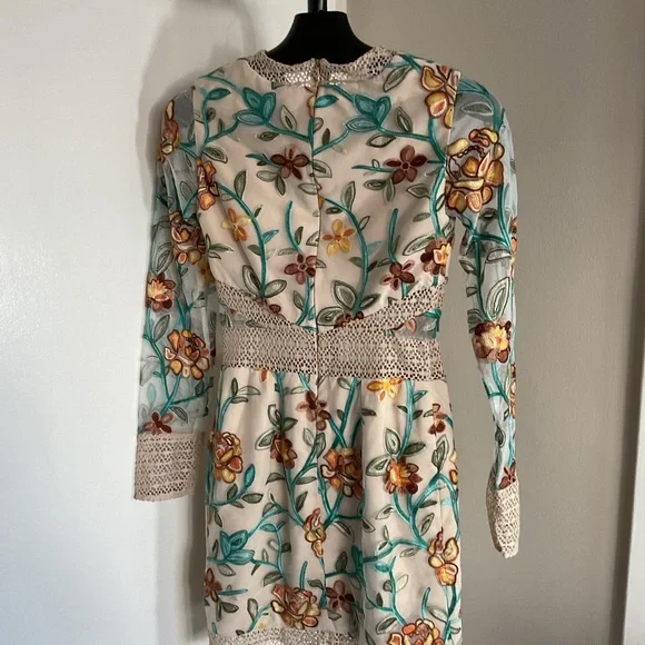 Vone Floral Embroidered Long Sleeve Mini Dress S Small Boho Black Cocktail Small - Picture 8 of 11